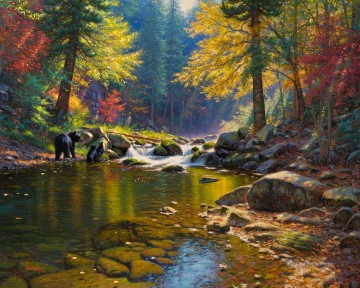 秋の川の風景のクマ Oil Paintings